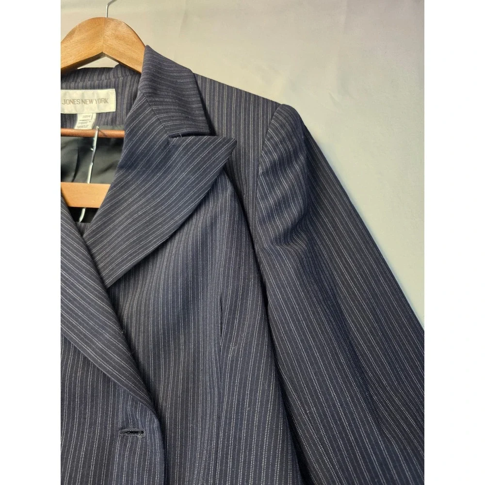 Jones New York Pinstripe Worsted Wool Suit Set Navy Blazer 18W Pants 16W USA